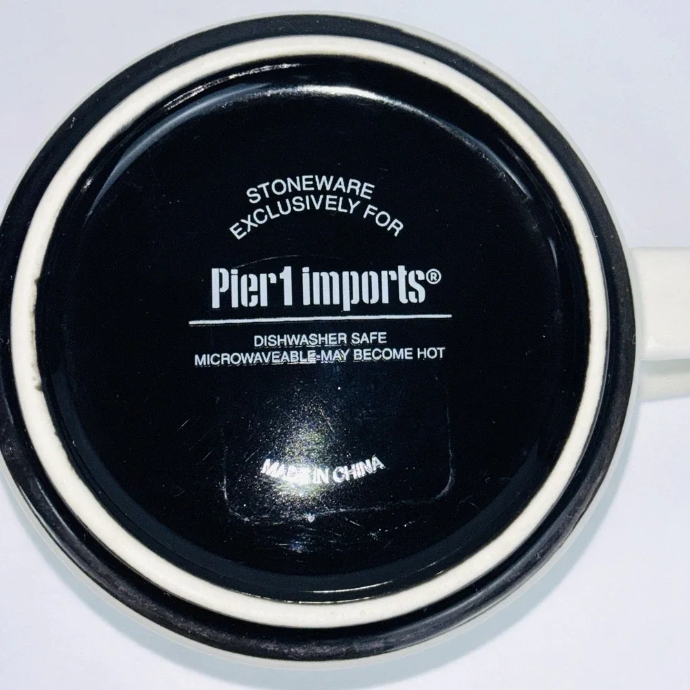 Pier 1 Imports Mustache Coffee Mug Black Ivory White Stoneware Novelty 16 oz